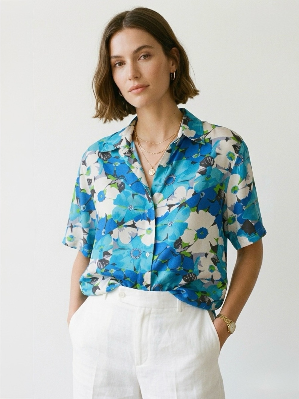Vintage Silk Floral Shirt Size Small Blue 80s 90s Short Sleeve Button Down